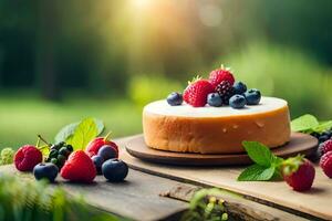 Käsekuchen mit Beeren auf ein hölzern Tisch. KI-generiert foto