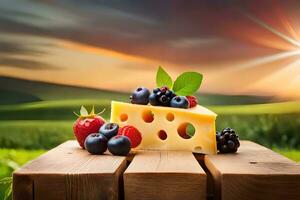 Käse, Beeren, und Sonne auf hölzern Tisch. KI-generiert foto