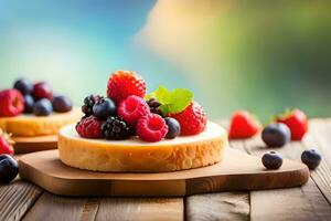 frisch Beeren und Sahne auf ein Kuchen. KI-generiert foto