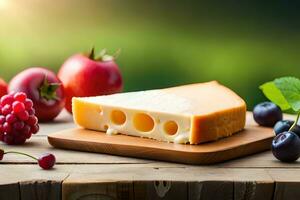 Käse und Obst auf ein hölzern Tisch. KI-generiert foto