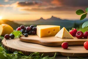 Käse, Beeren und Käse auf ein hölzern Tafel. KI-generiert foto