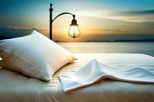 Kissen auf Bett mit Lampe und Meer Sicht. KI-generiert foto
