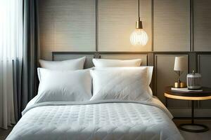 ein Schlafzimmer mit ein Weiß Bett und ein Lampe. KI-generiert foto