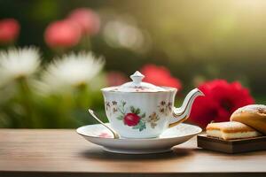 Tee Tasse und Untertasse auf Tabelle mit Blumen. KI-generiert foto