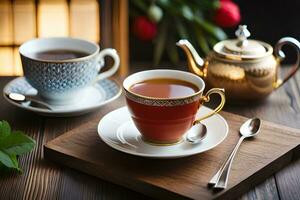 Tee und Kaffee auf ein hölzern Tisch. KI-generiert foto