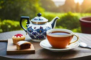 ein Tasse von Tee und ein Kuchen auf ein Tabelle mit ein Aussicht von das Garten. KI-generiert foto