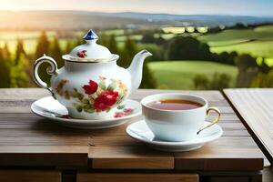 Tee und Tasse auf Tabelle mit Landschaft Sicht. KI-generiert foto