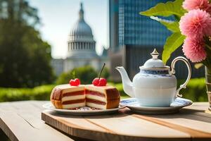 ein Kuchen und ein Tasse von Tee sitzen auf ein Tabelle mit ein Aussicht von das Stadt. KI-generiert foto