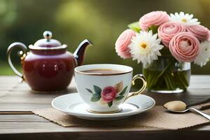ein Tasse von Tee und Blumen auf ein Tisch. KI-generiert foto