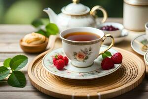 Tee und Erdbeeren auf ein hölzern Tisch. KI-generiert foto