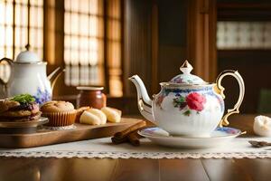 ein Tabelle mit ein Teekanne, Tasse und Muffins. KI-generiert foto