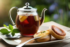 Tee mit Obst und Brot auf ein Platte. KI-generiert foto