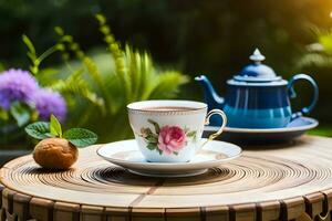 ein Tasse von Tee und ein Teekanne auf ein hölzern Tabelle im das Garten. KI-generiert foto