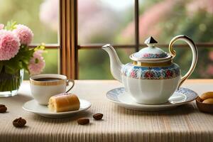 Tee und Kaffee auf ein Tabelle in der Nähe von ein Fenster. KI-generiert foto