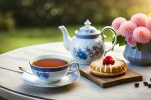 ein Tasse von Tee und ein Kuchen auf ein Tabelle mit Blumen. KI-generiert foto