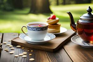 Tee und Kuchen auf ein hölzern Tabelle im das Park. KI-generiert foto