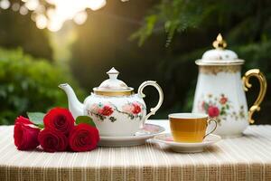 Tee und Rosen auf ein Tisch. KI-generiert foto