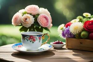 Blumen, Tasse, Tasse von Tee, Blumen, Tasse von Tee, Blumen, Tasse von. KI-generiert foto
