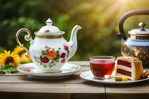 Tee Topf, Kuchen und Tasse von Tee auf hölzern Tisch. KI-generiert foto
