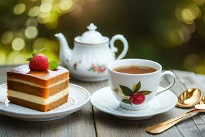 Kaffee und Kuchen auf hölzern Tabelle mit verschwommen Hintergrund. KI-generiert foto