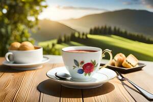 ein Tasse von Tee und Kekse auf ein hölzern Tabelle mit Berge im das Hintergrund. KI-generiert foto