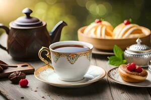Tee und Kaffee auf hölzern Tabelle mit Himbeeren und Kekse. KI-generiert foto