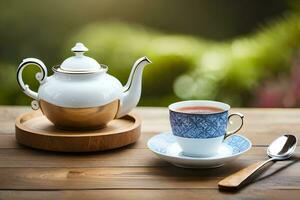 Tee und Kaffee auf hölzern Tisch. KI-generiert foto