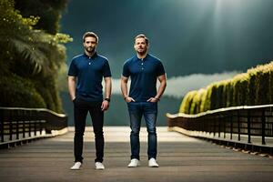 zwei Männer im Blau Polo Hemden Stehen auf ein Brücke. KI-generiert foto