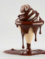 ai generativ Schokolade Eis Sahne Kegel mit ein Nieselregen von Schokolade foto