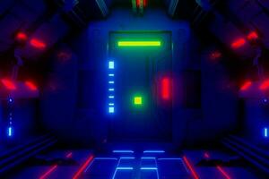 Sci-Fi Grunge Gang Hintergrund beleuchtet mit Neon- Beleuchtung 3d machen foto