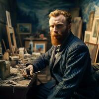 modern Porträt von Vincent van Gogh im seine Künstler Studio generativ ai foto