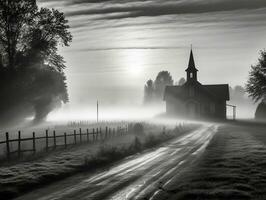 ein klein Kirche im das Landschaft auf ein nebelig Morgen mit schön Sonnenlicht im Vorderseite, schwarz und Weiß Foto generativ ai