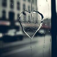 wassergeschöpft Herz auf regnerisch Fenster, verschwommen Straße im Hintergrund - - symbolisch Liebe Suche. generativ ai. foto