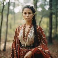 KI-generiert Porträt von Norden amerikanisch einheimisch Frau im traditionell Kleidung foto