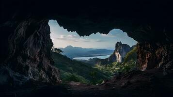 Aussicht von das Innerhalb von das Höhle zu das Meer und Berge generativ ai foto