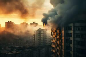 Verbrennung Gebäude mit Rauch im das Stadt beim Sonnenuntergang. global Erwärmen Konzept ai generativ foto