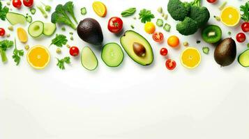 eben legen Foto von verschiedene Gemüse und Früchte auf das Weiß Hintergrund, gesund Leben Konzept