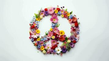 Frieden Symbol gemacht von verschiedene Blumen auf das Weiß Hintergrund foto
