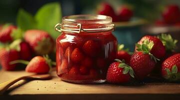 Erdbeere Marmelade und frisch Beeren. generativ ai foto