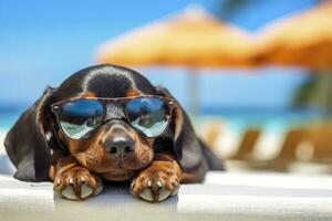 Hund Hündchen tragen Sonnenbrille, Lügen auf ein Sonnenbank zu Sonnenbad beim das Strand Meer auf Sommer- Urlaub, Feiertage. komisch Konzept. ai generativ foto