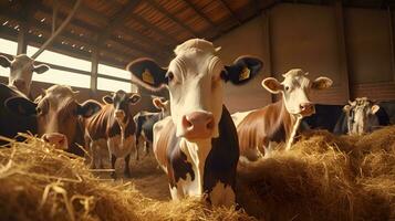Kühe im das Scheune. Molkerei Kühe im das Scheune. landwirtschaftlich Industrie ai generativ foto