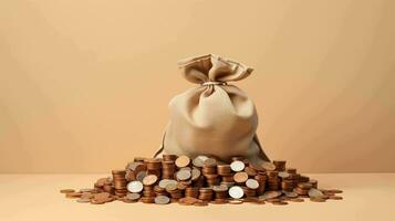 Geld, Münzen, und ein Geld Tasche auf ein minimalistisch Hintergrund, Darstellen finanziell Erfolg foto