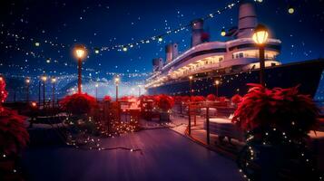 Kreuzfahrt Schiff ist zündete oben beim Nacht mit Weihnachten Beleuchtung auf das Deck. generativ ai foto