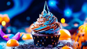 Schokolade Cupcake mit Blau Glasur und Kegel auf oben von Es. generativ ai foto