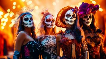 drei Frauen im Skelett bilden und Kostüme posieren zum Bild mit ihr Gesichter gemalt. generativ ai foto