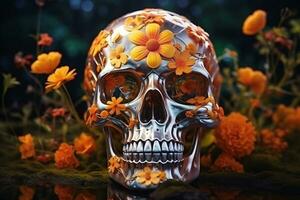 ai generiert Jahrgang Knochen Design Dekor tot Tod Blume gespenstisch Kunst unheimlich gotisch dunkel Grusel schwarz Schädel Zucker Halloween Symbol Kopf Skelett Hintergrund Blumen- Mensch foto