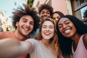 ai generiert zusammen glücklich Erwachsene lächelnd Lachen Männer Zusammengehörigkeit draußen Vergnügen freunde Selfie Gemeinschaft afrikanisch kaukasisch Menschen Jugend Glück jung Frauen Lebensstile heiter Gruppe Freundschaft Spaß foto