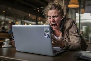 ai generiert Person Frau schreien Arbeiten Problem frustriert Schock Technologie Büro wütend Geschäftsfrau Stress jung kaukasisch Laptop weiblich Porträt Geschäft Schrei Zuhause Sitzung Computer Hintergrund foto