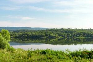 natürlich Aussicht auf ein ländlich Teich und ein Grün Wald. klar Blau Himmel Hintergrund foto