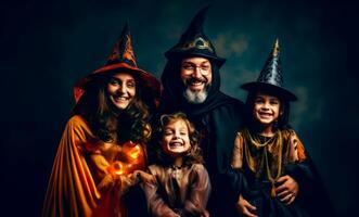 Familie gekleidet oben zum Halloween posieren zum Foto mit ihr Kürbisse. generativ ai